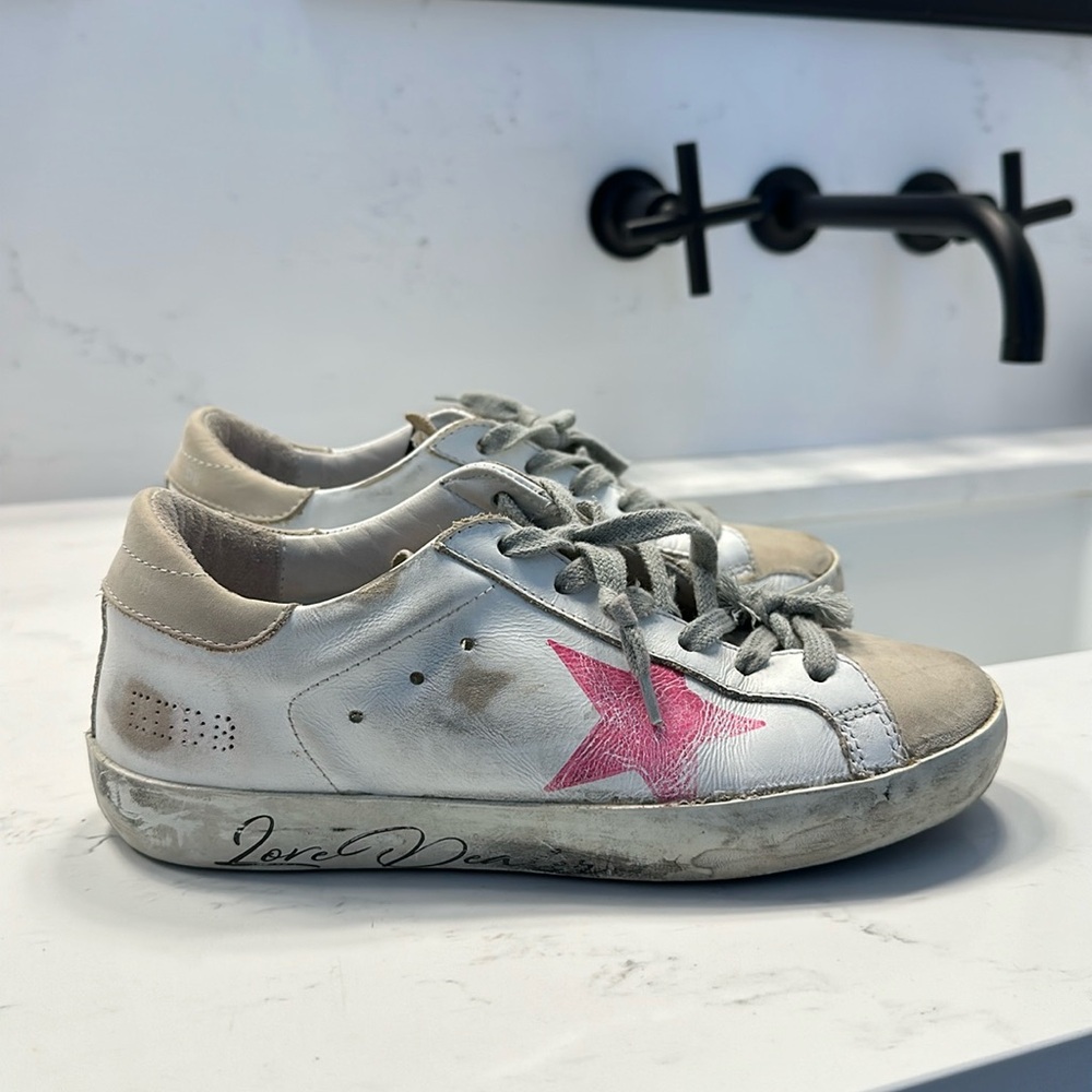 Golden Goose White Leather Sneakers with Pink Star Accent